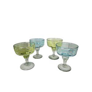 Vintage Hand Blown Stylish Blue and Green Swirl Margarita Glasses 4 Piece Restau